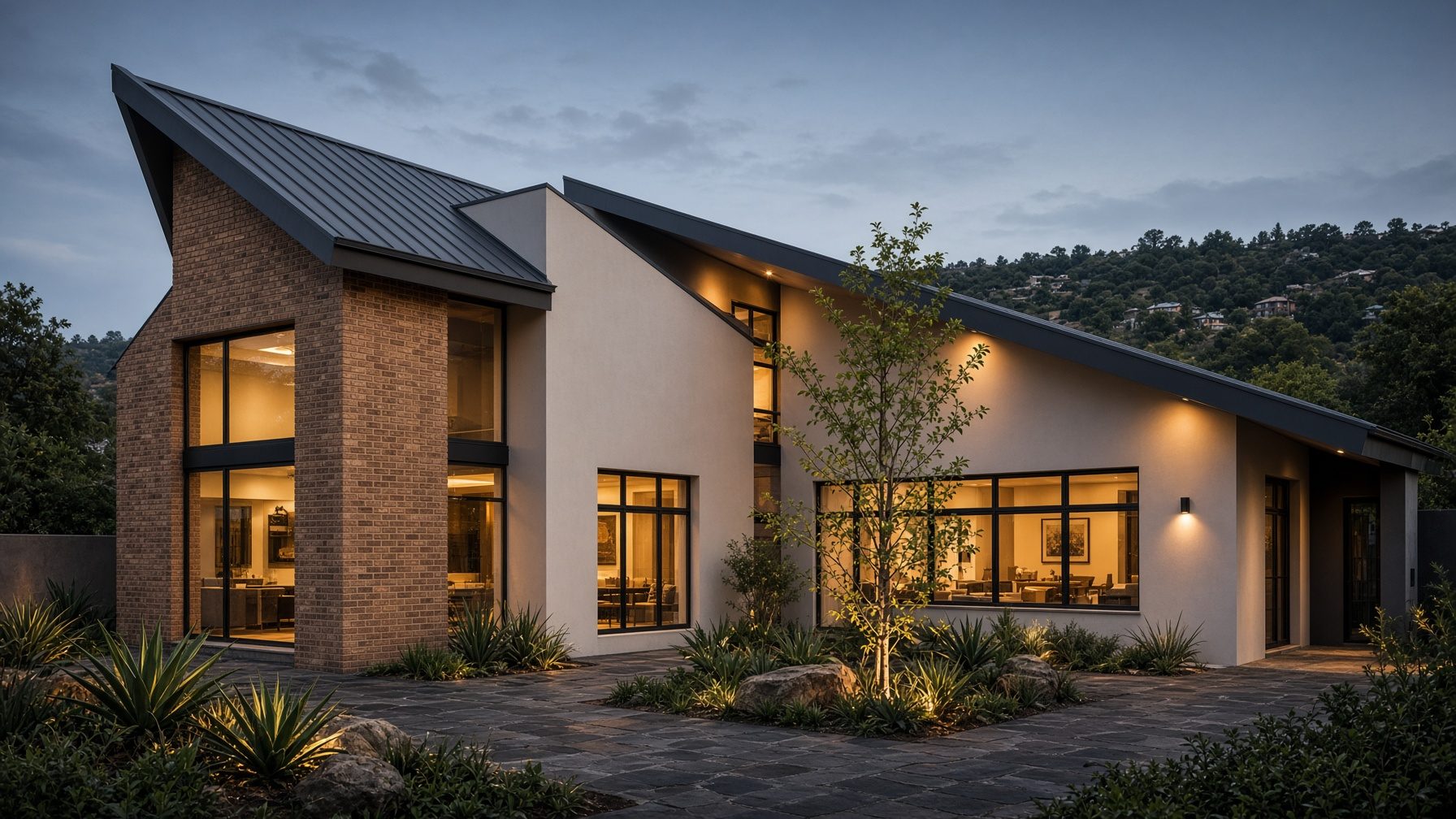 Custom modern house with mixed brick, plaster and an angled roof at dusk