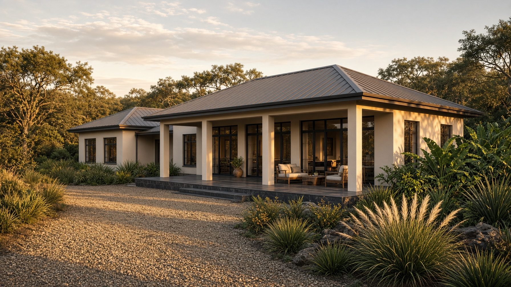 Modern Lowveld house with cream walls, a metal roof and landscaped garden at golden hour — design inspiration