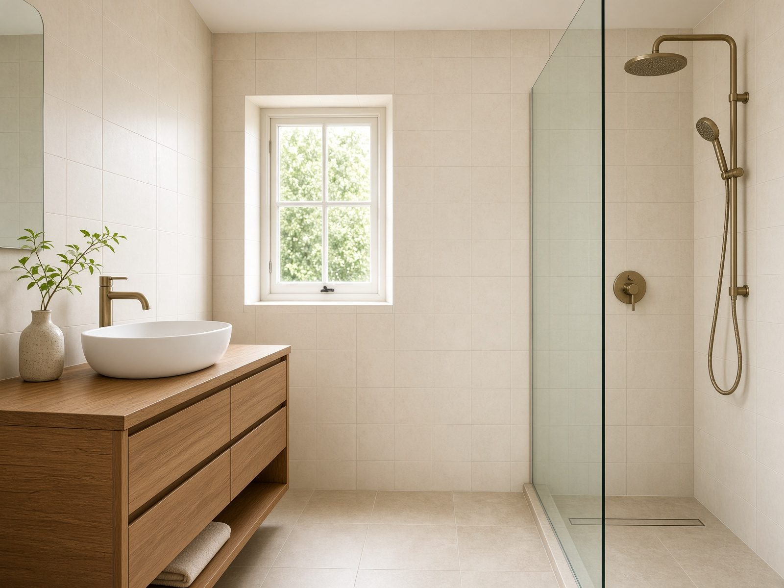 Compact bathroom with cream tiles and a timber vanity