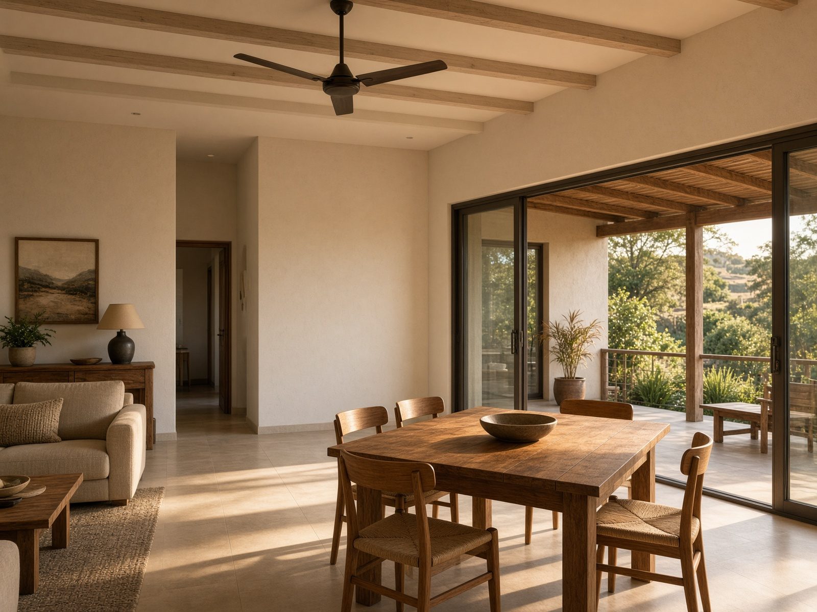 Open-plan living and dining with sliding doors to a veranda