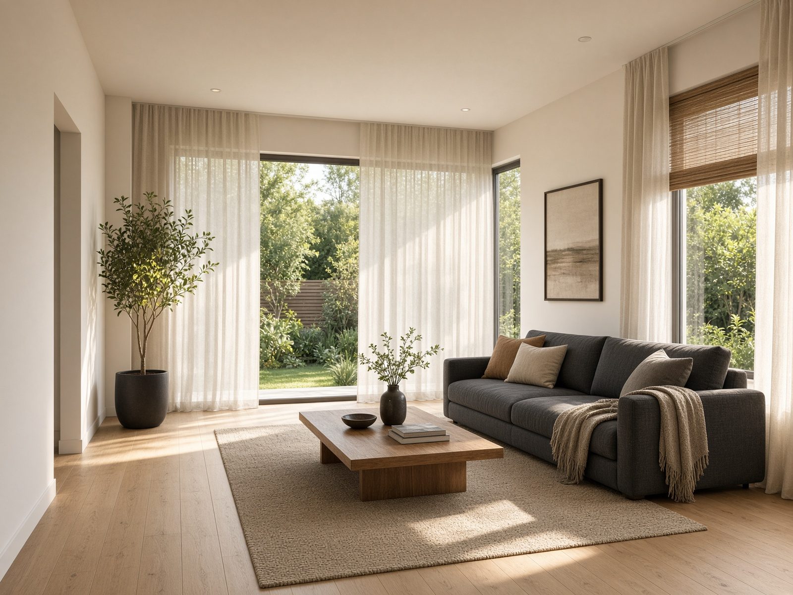 Living room interior with cream walls and garden light
